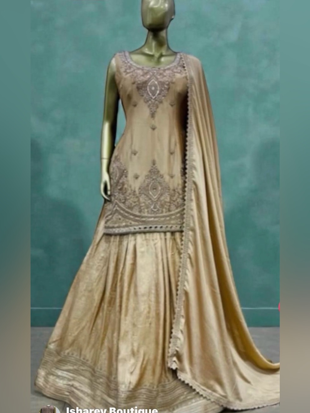 Elegant Gold Embroidered Lehenga  with long kurti top and Matching Dupatta